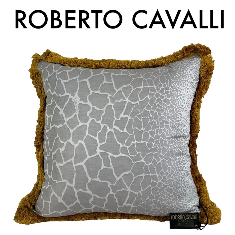 ROBERTO CAVALLI NEW NWT GRAY GOLD FRINGE GIRAFFE PRINT LARGE ACCENT PILLOW
